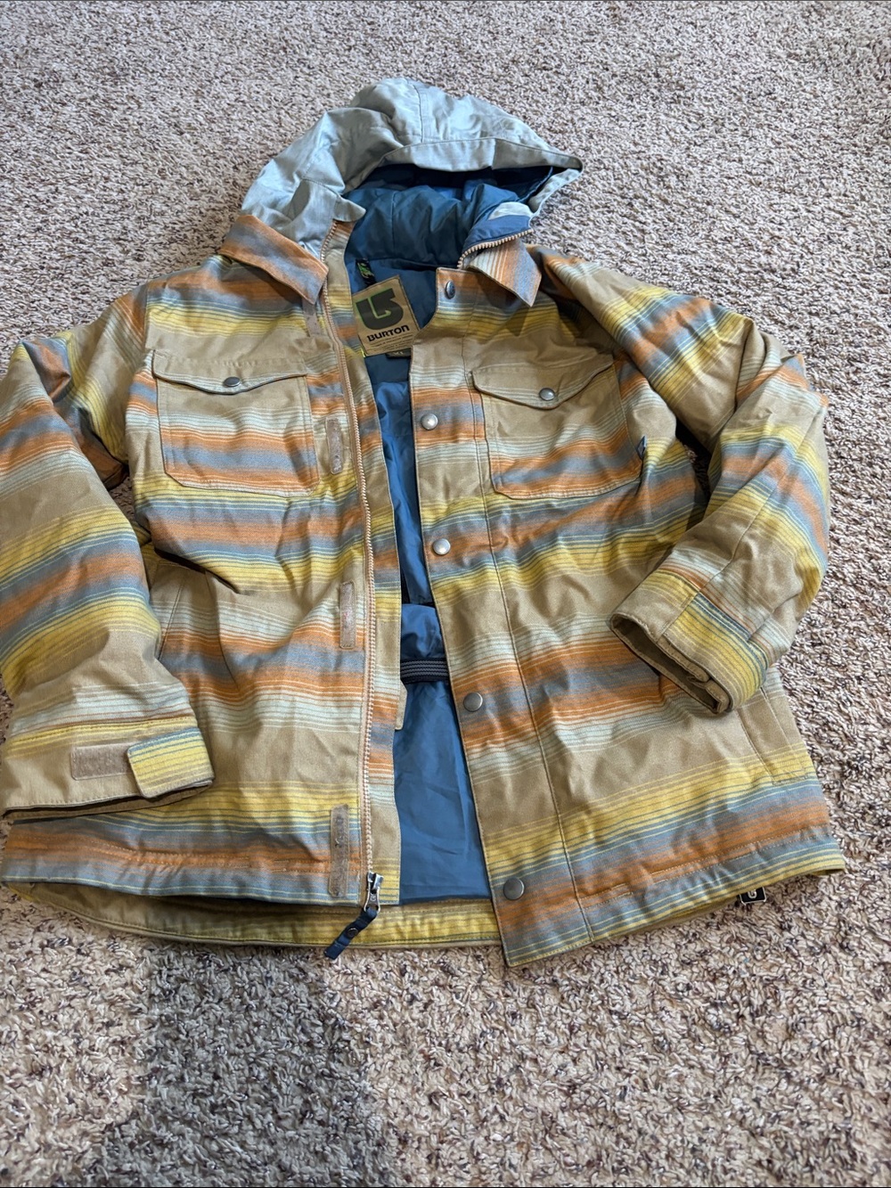 Burton Kids Striped Hooded Puffer Jacket — Yellow Brown Blue